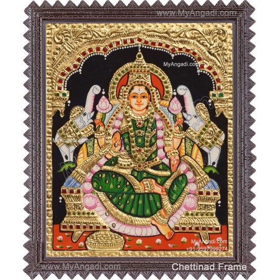 Gajalakshmi with Green Saree Tanjore Painting