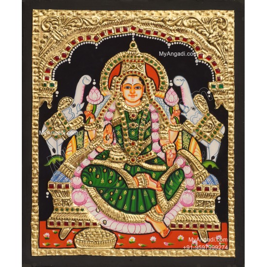 Gajalakshmi with Green Saree Tanjore Painting