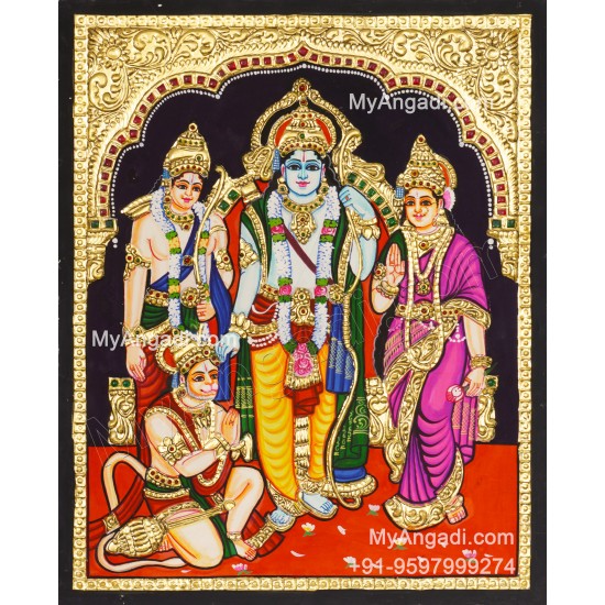 Ram Darbar - Ram with Sita, Hanuman, Lakshmanan Bharathan and Shatrughna Tanjore Painting