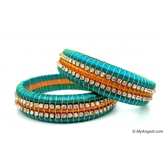 Turquoise Blue Colour Silk Thread Bangles-Triple Set