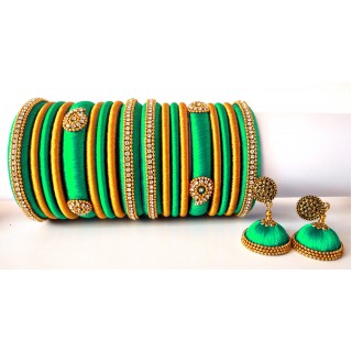 Green Grand Wedding Silk Thread Bangle Set with Jhumka Earrings