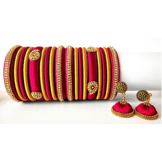 Magenta Grand Wedding Silk Thread Bangle Set with Jhumka Earrings