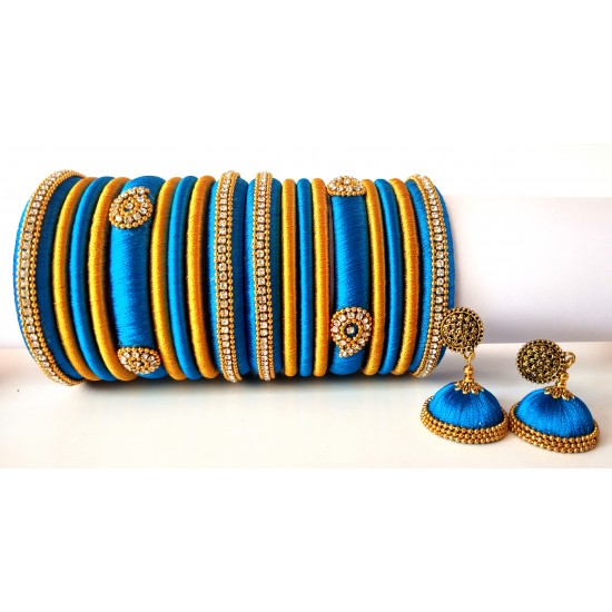 Blue Grand Wedding Silk Thread Bangle Set with Jhumka Earrings