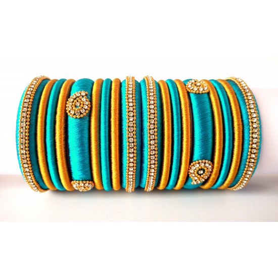 Turquoise Blue Grand Wedding Silk Thread Bangle Set with Jhumka Earrings