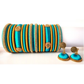 Turquoise Blue Grand Wedding Silk Thread Bangle Set with Jhumka Earrings