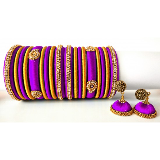 Purple Grand Wedding Silk Thread Bangle Set with Jhumka Earrings