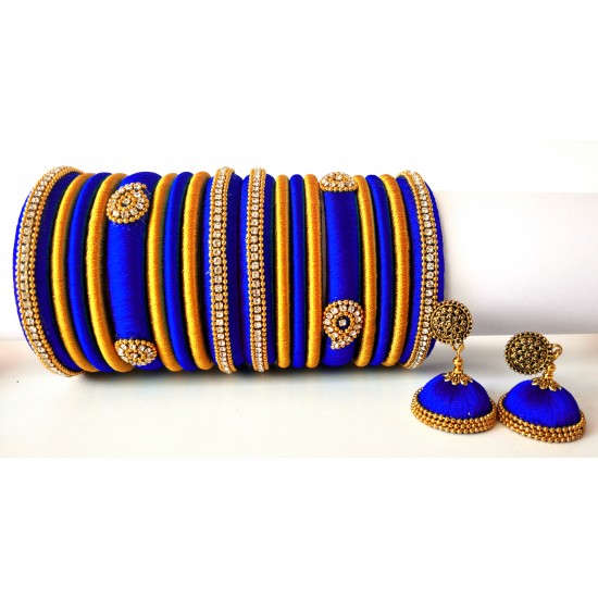 Royal Blue Grand Wedding Silk Thread Bangle Set with Jhumka Earrings