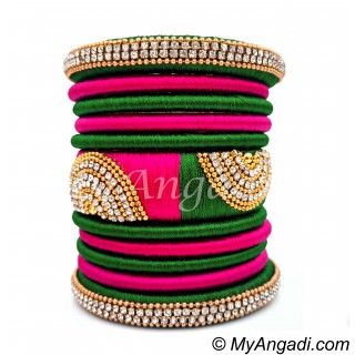 Dark Green - Pink Colour Grand Kada Bridal Silk Thread Bangle Set