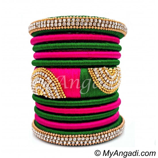 Dark Green Pink Colour Grand Kada Bridal Silk Thread Bangle Set