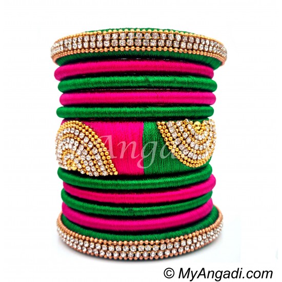 Green - Pink Colour Grand Kada Bridal Silk Thread Bangle Set
