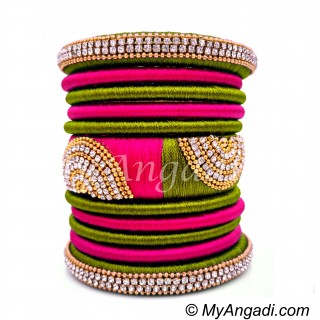 Olive Green - Pink Colour Grand Kada Bridal Silk Thread Bangle Set