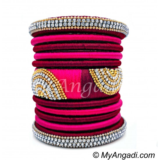 Magenta  - Pink Colour Grand Kada Bridal Silk Thread Bangle Set