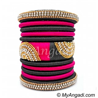 Grey - Pink Colour Grand Kada Bridal Silk Thread Bangle Set