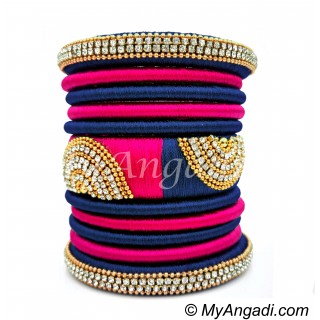 Dark Blue - Pink Colour Grand Kada Bridal Silk Thread Bangle Set