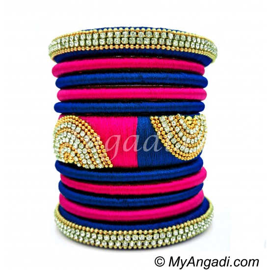 Royal Blue - Pink Colour Grand Kada Bridal Silk Thread Bangle Set