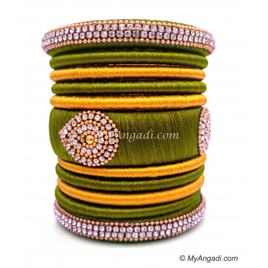 Olive Green with Gold Combination Grand Kada Bridal Silk Thread Bangle Set Olive Green with Gold Combination Grand Kada Bridal Silk Thread Bangle Set