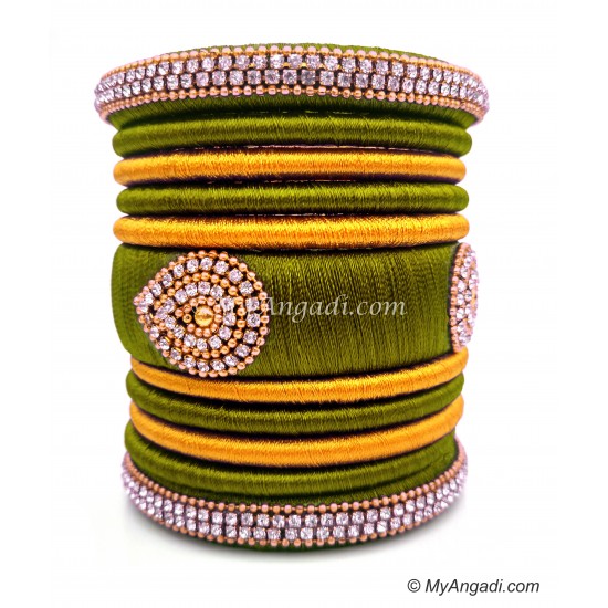 Olive Green with Gold Combination Grand Kada Bridal Silk Thread Bangle Set