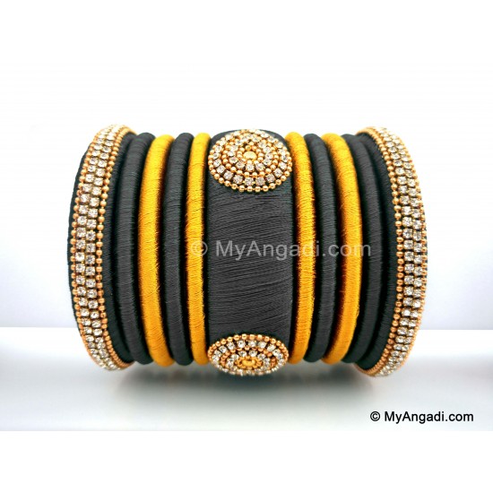Grey with Gold Combination Grand Kada Bridal Silk Thread Bangle Set Grey with Gold Combination Grand Kada Bridal Silk Thread Bangle Set