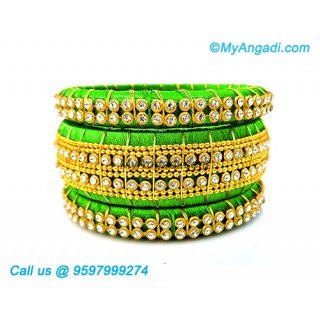 Lime Green Silk Thread Bangles with Gold Jari