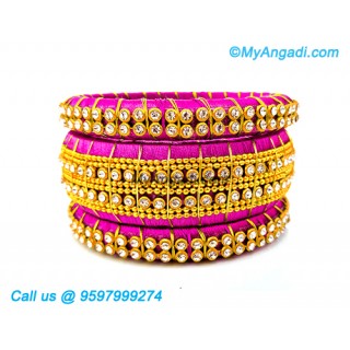 Pink Colour Silk Thread Bangles with Gold Jari