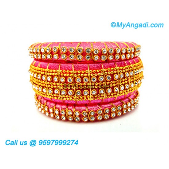 Rose Colour Silk Thread Bangles with Gold Jari