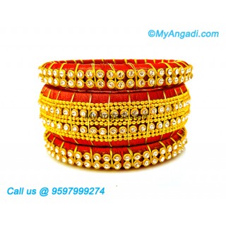 Orange Colour Silk Thread Bangles with Gold Jari