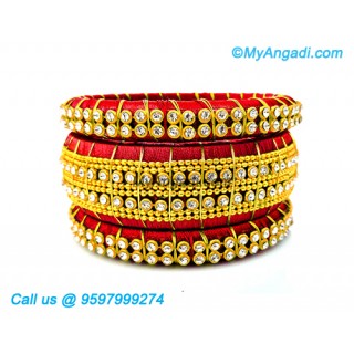 Red Colour Silk Thread Bangles with Gold Jari