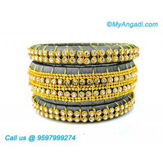 Grey Colour Silk Thread Bangles with Gold Jari