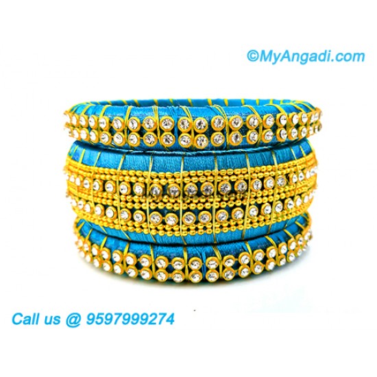 Blue Colour Silk Thread Bangles with Gold Jari