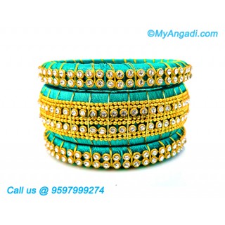 Turquoise Blue Colour Silk Thread Bangles with Gold Jari