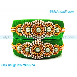 Green Colour Silk Thread Bangles with Pearl