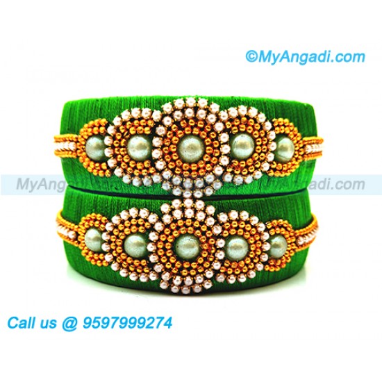 Green Colour Silk Thread Bangles with Pearl