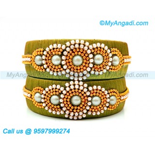 Olive Green Colour Silk Thread Bangles with Pearl