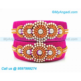 Pink Colour Silk Thread Bangles with Pearl