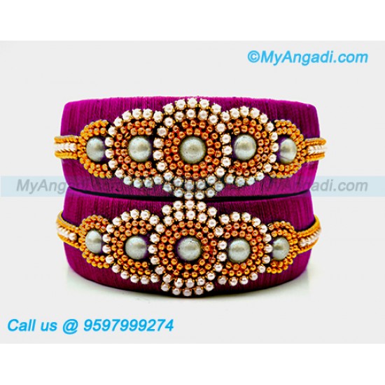 Majenta Colour Silk Thread Bangles with Pearl