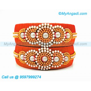 Orange Colour Silk Thread Bangles with Pearl