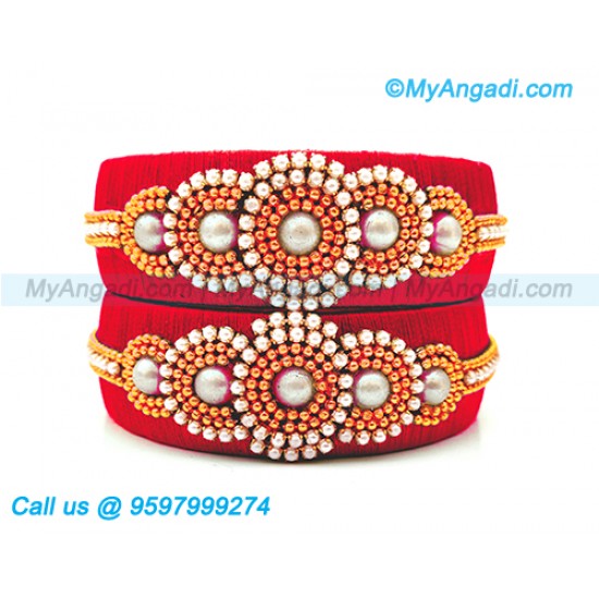 Red Colour Silk Thread Bangles with Pearl