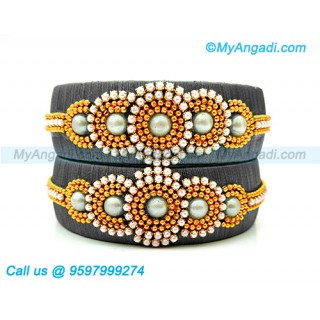 Grey Colour Silk Thread Bangles with Pearl