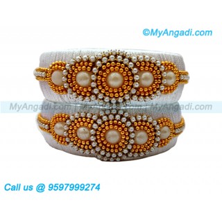 White Colour Silk Thread Bangles with Pearl