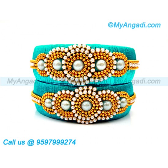 Turquoise Blue Colour Silk Thread Bangles with Pearl