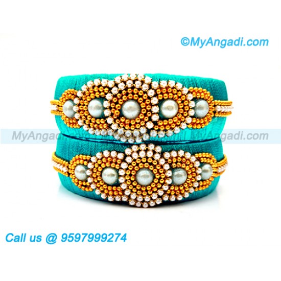 Turquoise Blue Colour Silk Thread Bangles with Pearl Turquoise Blue Colour Silk Thread Bangles with Pearl