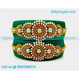 Teal Green Colour Silk Thread Bangles with Pearl