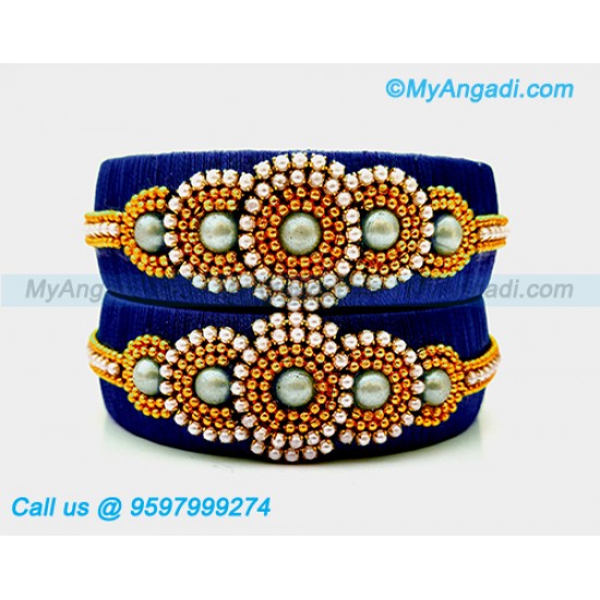 Dark Blue Colour Silk Thread Bangles with Pearl