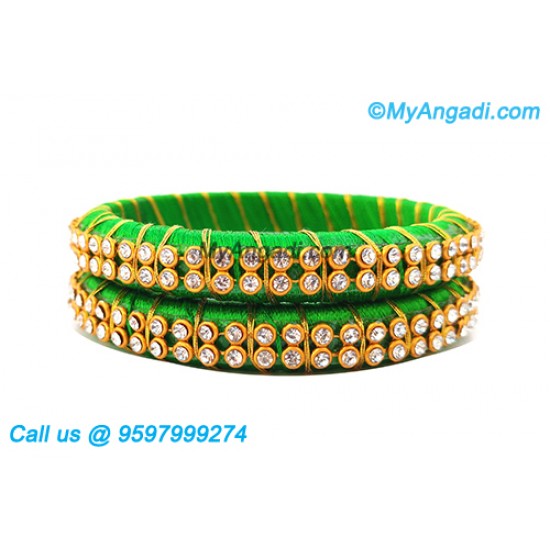 Lime Green Silk Thread Bangles with Gold Jari Lime Green Silk Thread Bangles with Gold Jari