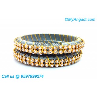 Grey Colour Silk Thread Bangles with Gold Jari