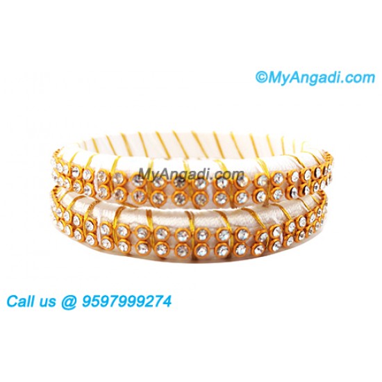 White Colour Silk Thread Bangles with Gold Jari