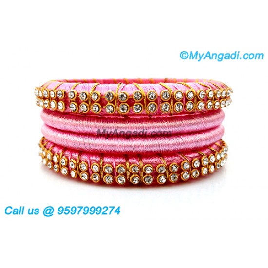 Rose Colour Silk Thread Bangles with Gold Jari