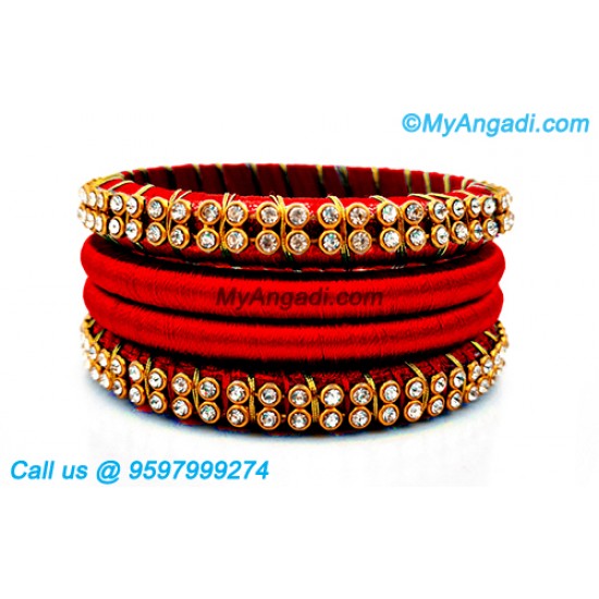 Red Colour Silk Thread Bangles with Gold Jari