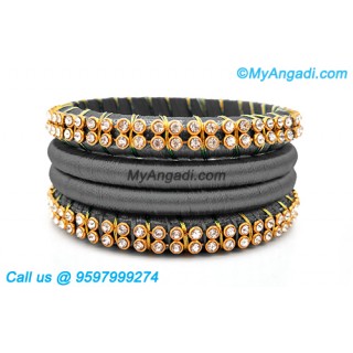 Grey Colour Silk Thread Bangles with Gold Jari