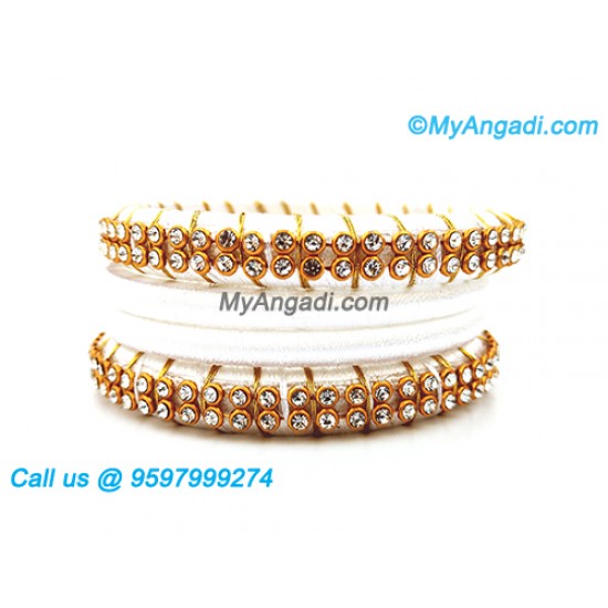 White Colour Silk Thread Bangles with Gold Jari